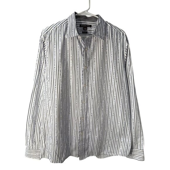 Michael Kors Classic Fit XL White & Navy Striped 100% Cotton Button-Up Shirt EUC - Picture 1 of 7